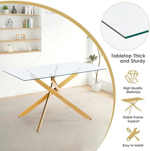 5-Piece Dining Table Set for 4, Modern Rectangular Glass Table with 4 Upholst...