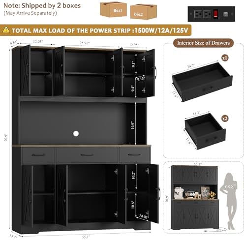 HOSTACK 71" Tall Kitchen Pantry Storage Cabinet, 55" W Kitchen Hutc...