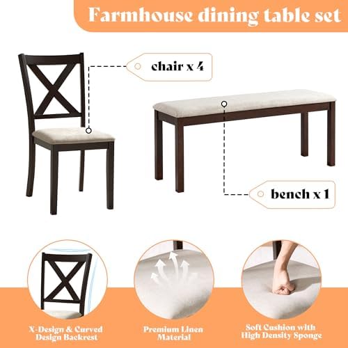 AMERLIFE 6 Piece Farmhouse Dining Set with 71" Solid Wood Table, Brown