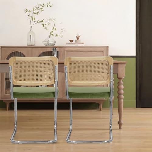 Rattan Dining Chairs Set of 2,Mid Century Modern Cane Back Chairs with Velvet...