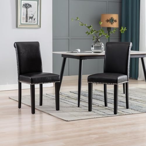Dining Room Chairs Set of 6, Upholstered PU Leather, Rubber Wood, Black