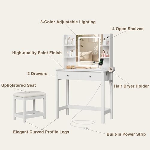 Vanity Desk with LED Mirror, 3 Lighting Modes and Chair | Small Makeup Vanity...