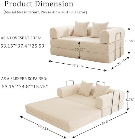 Futon Sofa Bed Modular Loveseat Sleeper Folding Pull Out Couch with Pillows, ...