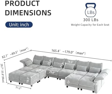 LLappuil 179" Oversized Modular Sectional Sofa with Storage Seat 12 Piec...
