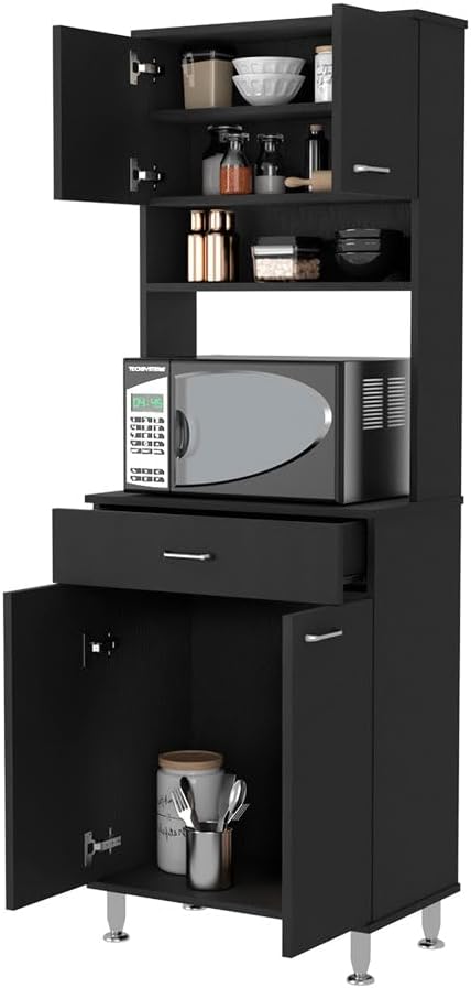 Modern Kitchen Pantry, Black Storage Cabinet with 2 Door Cabinets, 1 Drawer, ...