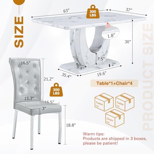 Modern Faux Marble Dining Table Set for 4, 63" White Rectangular Kitchen...