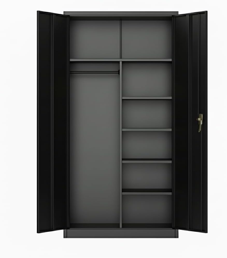 Steel Wardrobe Cabinet with Locking Doors | Adjustable Shelves & Hanging Rod, Large Metal Storage Closet, For Clothes, Tools, Garage, Home, Gym, Government
