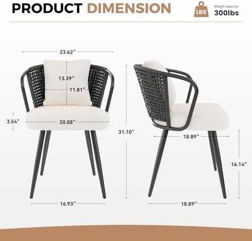 Rattan Dining Chairs Set of 2, Upholstered Kitchen Chair with Metal Legs, Erg...