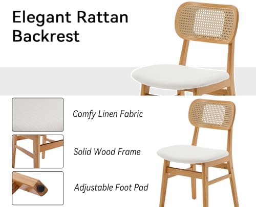 Shunzhi Rattan Dining Chairs Set of 4, Upholstered Farmhouse Dining Room Chai...