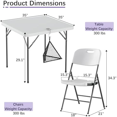 VECELO Folding Card Table Square and Chairs Set, Collapsible Legs & Porta...