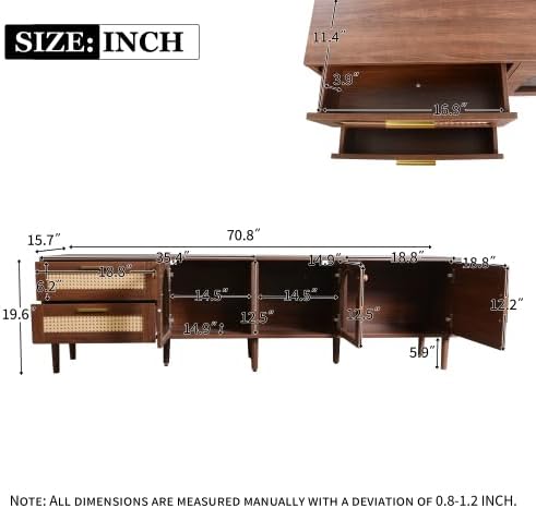 Bellemave Modern TV Stand with LED Lights & Glass Doors, Rattan Media Console with 3 Cabinets & 2 Drawers for up to 80", Solid Wood Entertainment Center for Living Room, Home Theatre (Dark Brown)