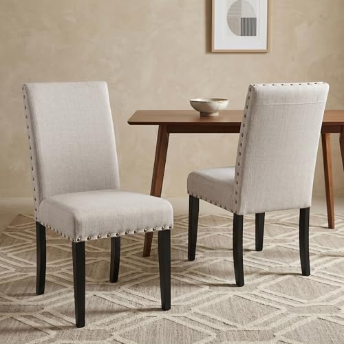Roundhill Furniture Biony Fabric Dining Chairs with Nailhead Trim, Set of 2, Tan