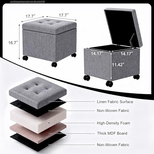 Homebeez 18" Square Storage Ottoman with Wheels, Tufted Linen Cube | Rol...