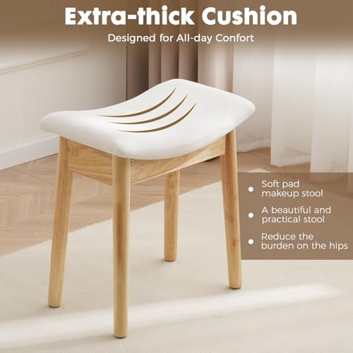 18" Small Vanity Chair Ottoman Bench Saddle Cushion Linen Beige | Soft S...