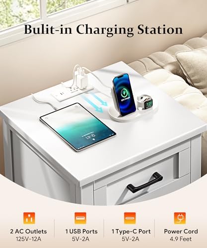 Decofy Farmhouse Nightstand with Charging Station & Large Storage, Set of...