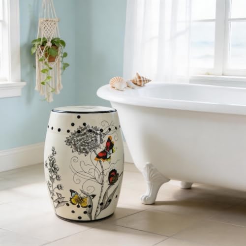 Hand-Painted Floral Bird Ceramic Drum Stool - Oriental Artistry Storage Ottom...