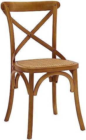 Modway Gear Rustic Modern Farmhouse Elm Wood Rattan Four Dining Chairs in Walnut