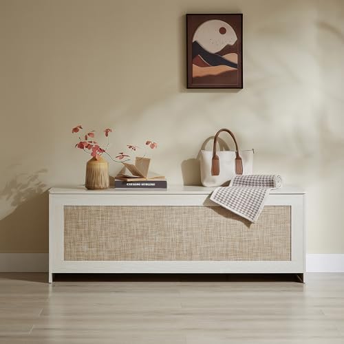 51.2" Storage Chest Large,Wooden Rattan Storage Bench.(White Cream) | St...