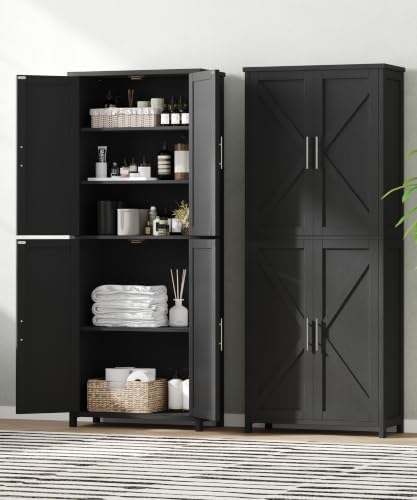 Akxomel 63''H Tall Farmhouse Bathroom Storage Cabinet with 4 Doors Bl...