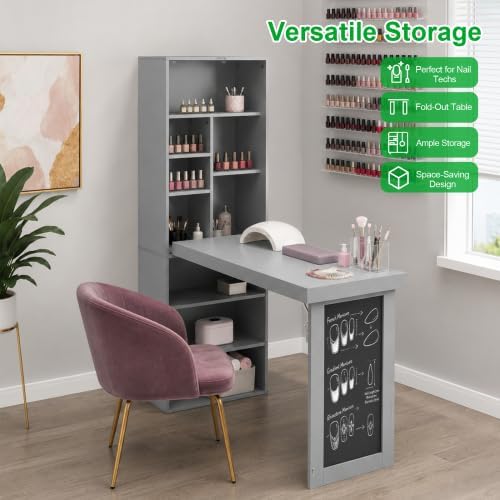 Fold-Out Desk Craft Table, Wall Mounted Desk Cabinet with Chalkboard | Multi-...