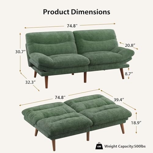 PERLECARE Convertible Futon Sofa Bed, 73" Corduroy Futon Couch with Adju...