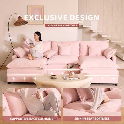 GOSUHI 108" U-Shaped Modular Cloud Couch, Deep Seat, Chenille Pink | Clo...
