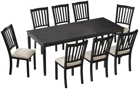 AMERLIFE 9 Piece Farmhouse Dining Table Set with 79" Rubberwood Table, Grey