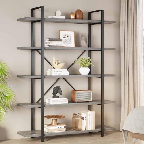 HSH Rustic Bookshelf, Industrial 5 Tiers Open Bookcase, Light Grey Oak