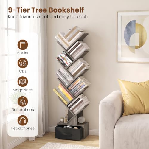 GIANTEX 9-Tier Tree Bookshelf, Tall Small Bookcase with Drawer, Gray Oak