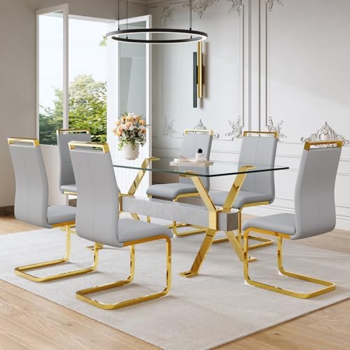 71" Glass Dining Table Set for 6｜Modern Dining Table Set for 6 with Faux...