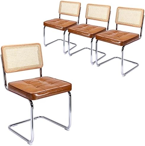 ONEVOG MCM Rattan Dining Chairs Set of 4, Faux Leather Retro Chair with Natur...