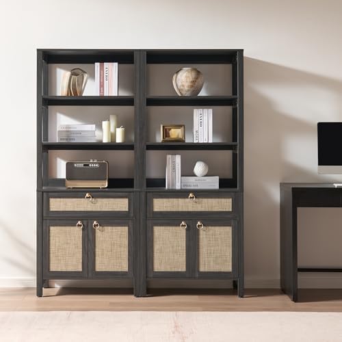 SICOTAS 68.5" Tall Boho Rattan Bookshelf with Drawer and Storage Doors