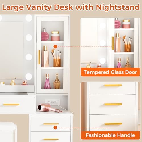53.15" Large Glass Top Vanity Desk with Mirror and Lights, White
