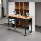 48" Adjustable Work Bench, Rubber Wood Top Workbench Heavy-Duty Work Table with Power Outlet, 2000 LBS Load Capacity Hardwood Work Benches for Garage, Workshop, Home, Office, Easy Assembly