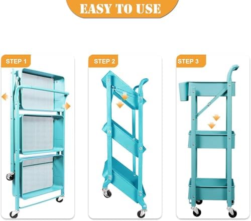 BEEY Foldable Metal Storage Cart Rolling Baskets with Wheels, No Assembly, Me...