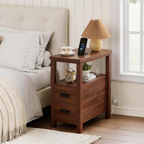 Farmhouse Nightstand with Charging Station, 18'' Wooden Bedside Table...