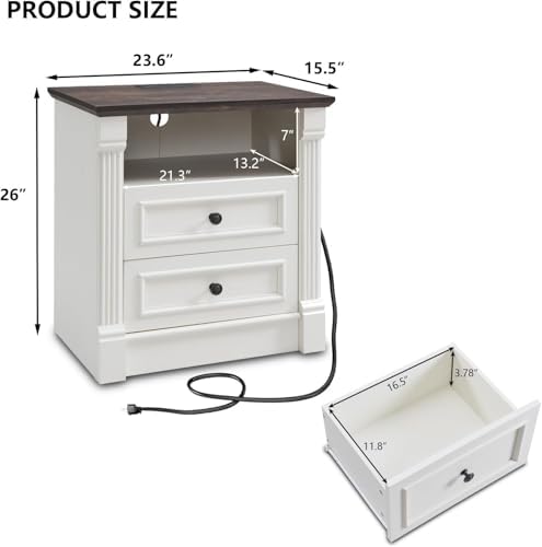 26" Tall Farmhouse Night stand Set of 2, 2 Drawers End Table w/Charging ...