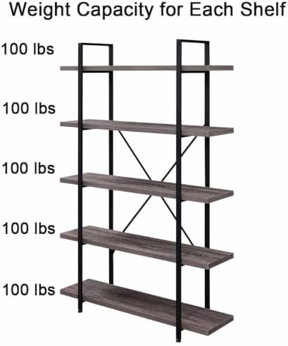 HSH Rustic Bookshelf, Industrial 5 Tiers Open Bookcase, Light Grey Oak