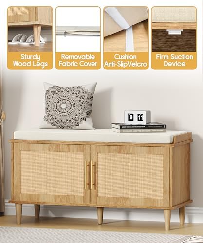 Akxomel 39.4" Rattan Shoe Storage Bench 2 Doors Wooden Entryway Bench Oa...