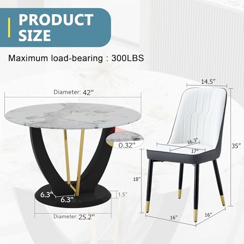 JUFU 5-Piece Round Dining Table Set for 4, 48-Inch Black Marble-Look Table