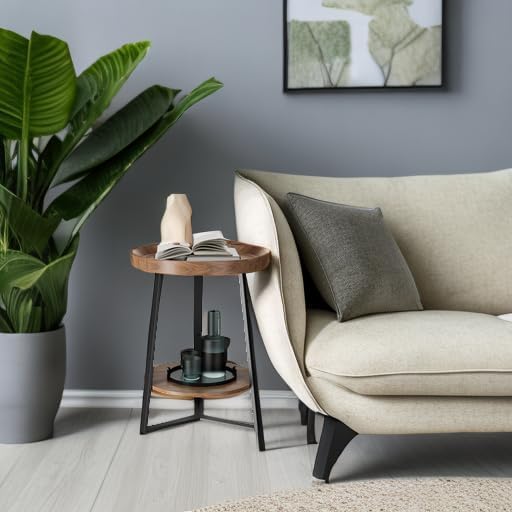 Gadroad Round End Table with Storage Shelf, 2 Tier Farmhouse Side Table Night...