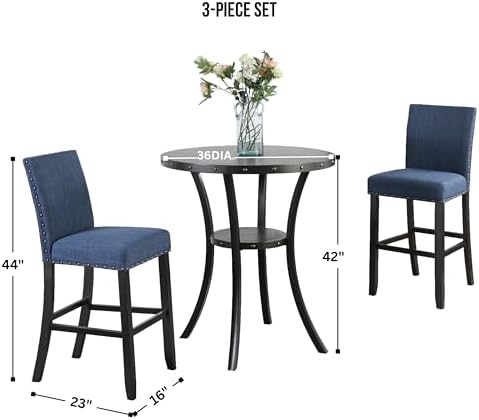 Roundhill Furniture Biony 3-Piece 36" Round Espresso Bar Table with Nail...