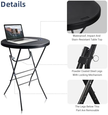 Byliable 28in Folding Cocktail Table, Round Bar Height Table, Black 2-Pack | ...