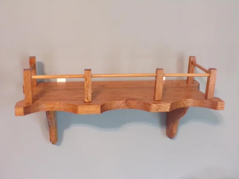 Rustic Wooden Wall Shelf with Rail, Natural Oak Floating Shelf, Decorative Storage Shelf for Living Room Bedroom Bathroom, Handcrafted Solid Wood Wall Mounted Shelf