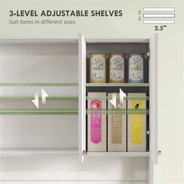 Kitchen Storage Cabinet with Multiple Doors, Drawer, Adjustable Shelves, and Open Countertop for Microwave, Toaster, or Coffee Maker – Pantry Organizer with Anti-Tip Safety Strap (White)
