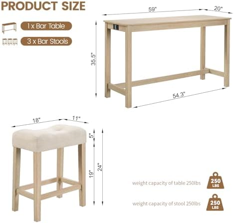 59'' Dining Bar Table and Chairs Set with Power Outlet, 4-Piece Indus...