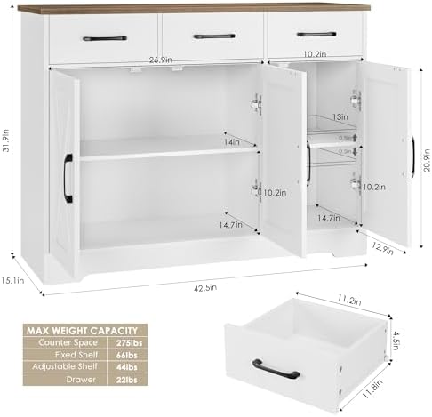 HOSTACK Kitchen Buffet Cabinet with Storage, Sideboard Coffee Bar, White