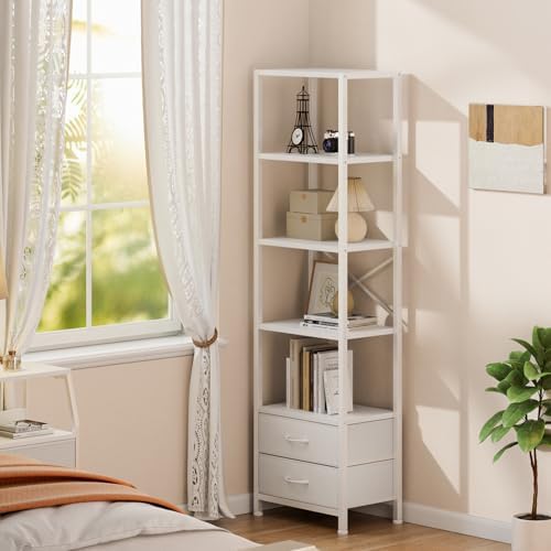 Furnulem 5-Tier Corner Shelf,Tall Narrow Bookshelf with Drawers,White
