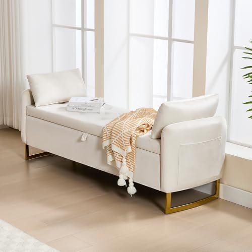 Storage Bench for Bedroom, 65 Inch End of Bed Storage Bench Beige | Velvet St...