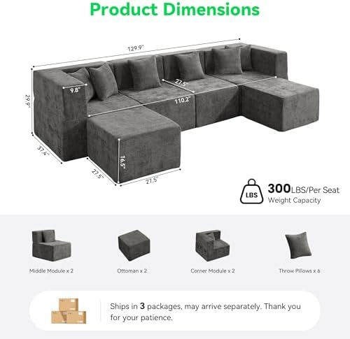 MONVANE U Shaped Sectional Couch Oversized, Chenille, Gray | 6-Seat Sectional...